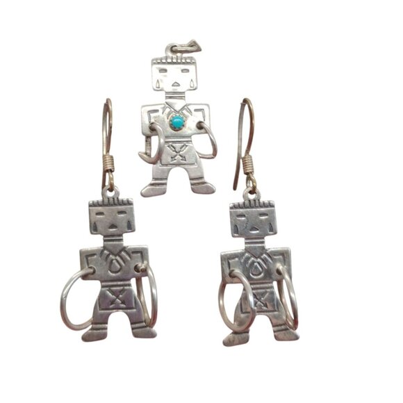 Vtg Native Bell Trading Kachina Hoop Dancer Earrings Pendant Set Sterling Silver - Picture 1 of 8